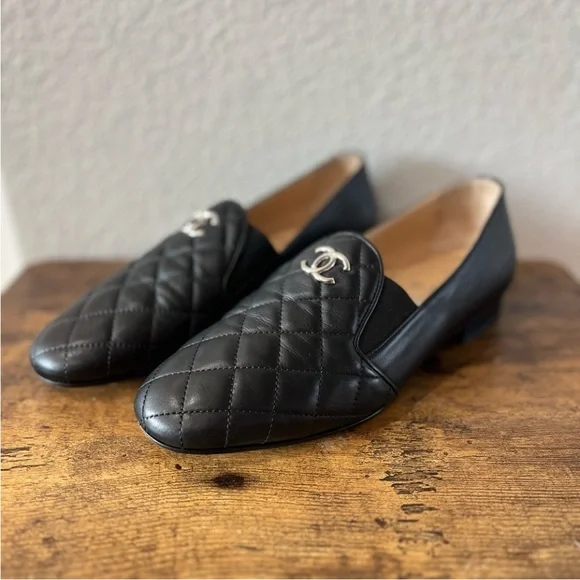 Authentic Chanel Black Quilted Loafers with Silver Logo 36.5 - Picture 5 of 16